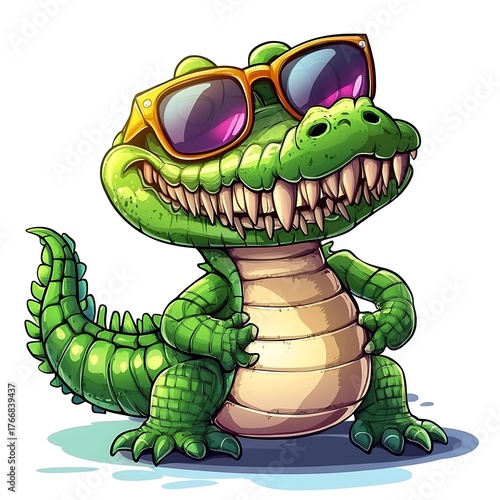 Cartoon alligator wearing sunglasses with a big smile and sharp teeth smiling happy photo