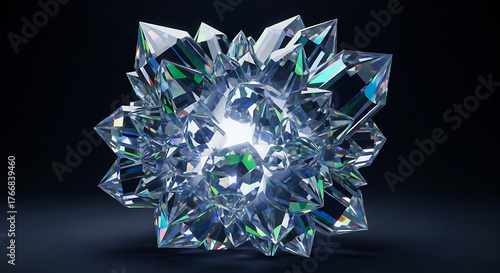 Abstract crystalline structure with internal light source radiating vibrant blue and green iridescent colors against a dark background