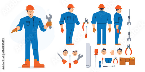 Technician in Work Uniform with Tools and Spare Parts in Different Views