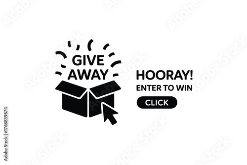 Open gift box with giveaway text and click button for online contests