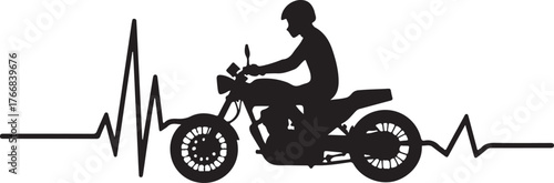 Silhouette of motorcyclist on a motorcycle with heartbeat line