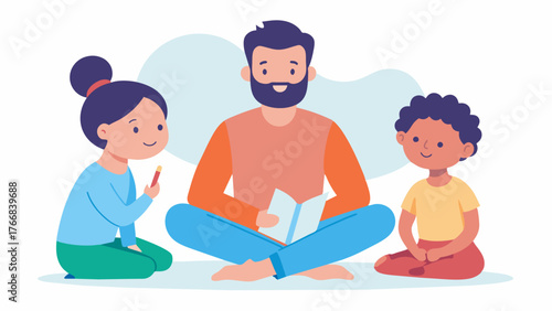 A busy parent taking a break from their hectic schedule to color in a mindfulness coloring book with their child. This promotes bonding and relaxation for both parent and child and. Vector