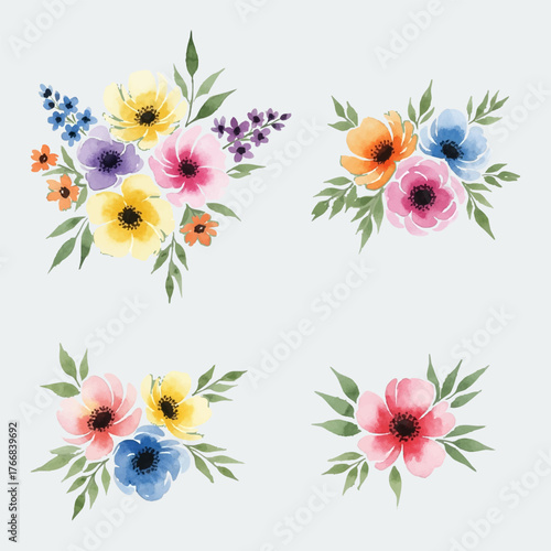 Watercolor floral arrangements with vibrant blossoms and delicate leaves