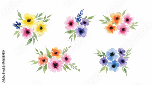 A beautiful collection of five hand-painted watercolor flower bouquet arrangements, colorful spring blossoms isolated on white