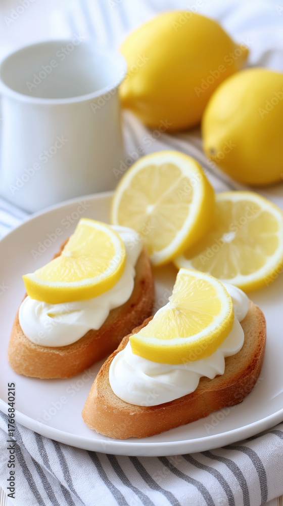 Fototapeta premium Lemon slice on cream cheese toast with fresh lemon and cup in background