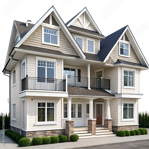 Elegant modern house exterior architecture design with balconies and beautiful landscaping