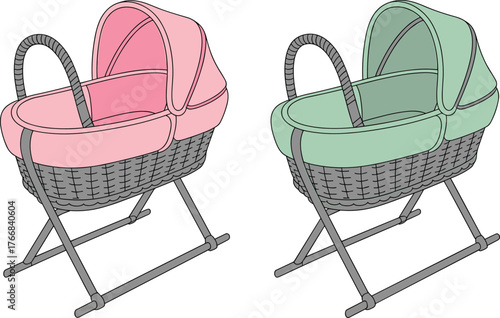 Two baby bassinets with woven baskets, pink and green fabric canopies, nursery furniture sketch, cad drawing flat vector illustration