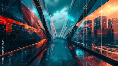 Futuristic urban landscape featuring a vibrant city skyline with glowing neon lights, reflective surfaces, and a dramatic sky, creating a captivating digital atmosphere