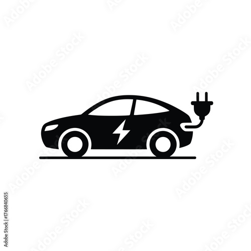 Black silhouette of an electric car with a charging plug and lightning bolt symbol
