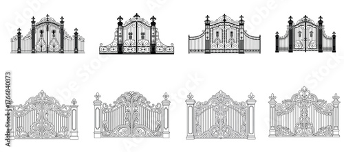 Decorative gate icon set with ornate metal design for architecture and vintage style concept
