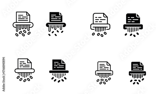 Paper shredder icon set representing document destruction and data security in business concept
