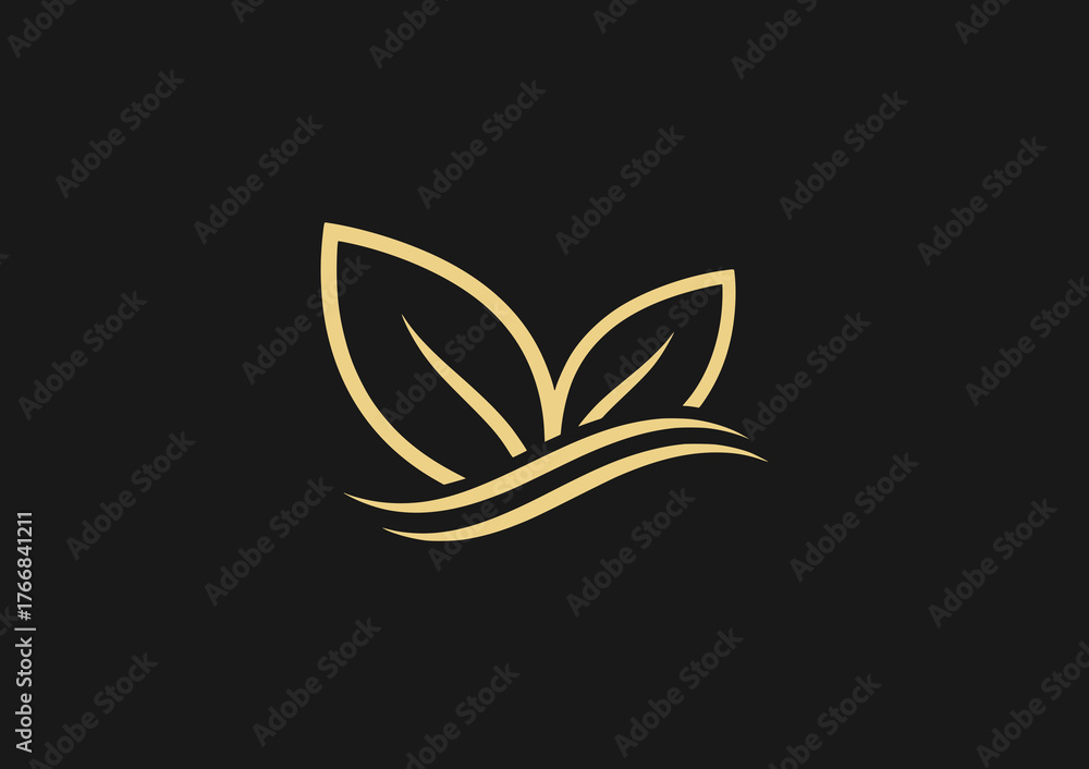Fototapeta premium Elegant gold leaf logo design with smooth waves, representing balance, nature, and luxury brand style.