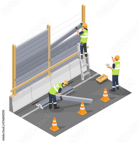 Team of construction workers installing metal noise barrier panels on highway using safety equipment and traffic cones for road maintenance project