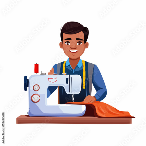 Professional tailor using a sewing machine flat vector illustration