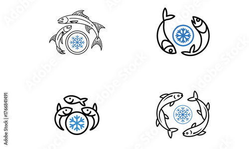 Frozen fish icon set with snowflake symbol for seafood preservation and cold storage concept
