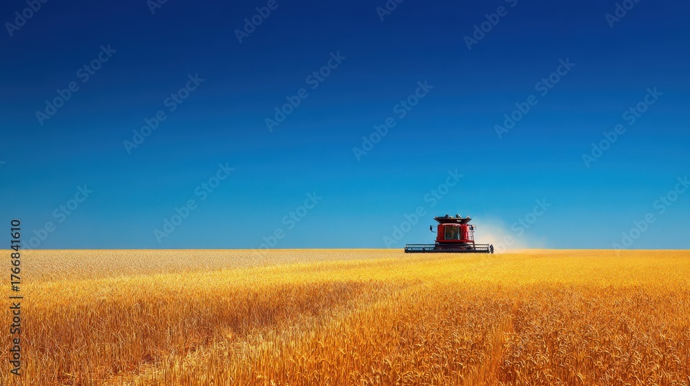 Fototapeta premium Combine harvester working in a golden wheat field under a clear blue sky during harvest season