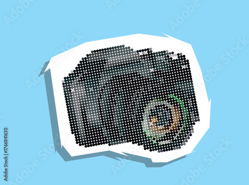  Digital Camera, dotted collage element in torn paper vector with pointillism.