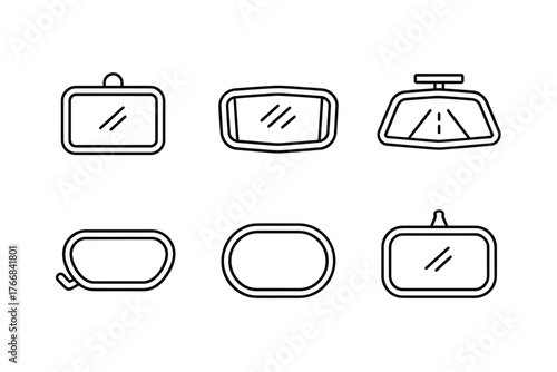Collection of six different car rear view mirror icons in a simple line art style