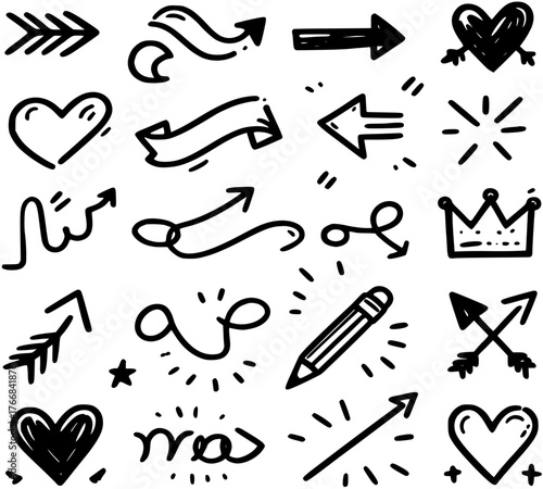 A Scribbled Story, A whimsical composition of directional arrows, royal crowns, and expressive hearts. A monochrome doodle collage filled with motion, emotion, and artistic spontaneity