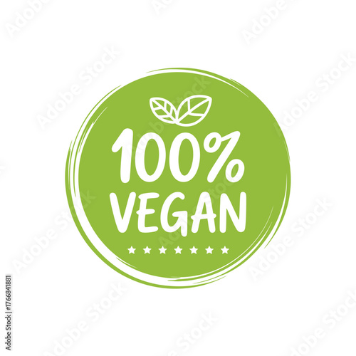 Handwritten 100 percent vegan label with green circle and leaf accents