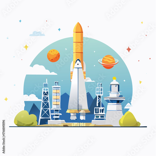Rocket launching on launchpad with planets and clouds illustration