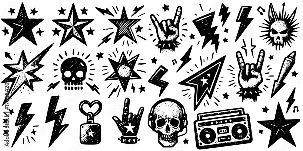 Fototapeta premium Tattooed Rhythm: Music in Monochrome, A gritty visual set of crowns, stars, and hand gestures, ideal for rock branding