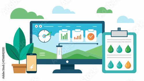 A digital irrigation management platform displaying detailed data on water consumption allowing farmers to make informed decisions on their watering schedule.. Vector illustration
