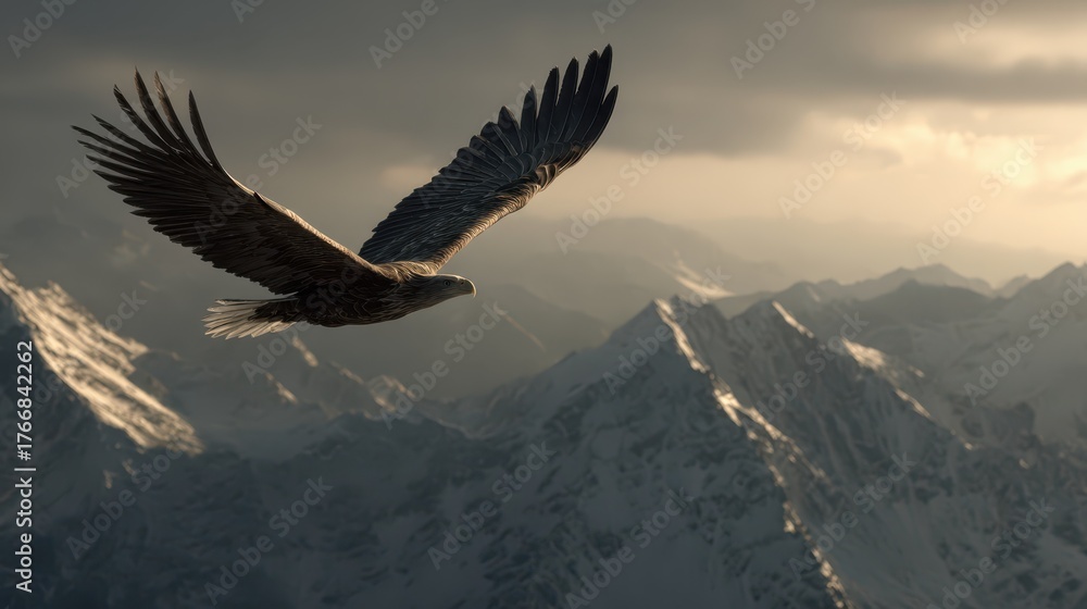 Fototapeta premium Majestic eagle soaring above snow-covered mountains during sunset over breathtaking landscape