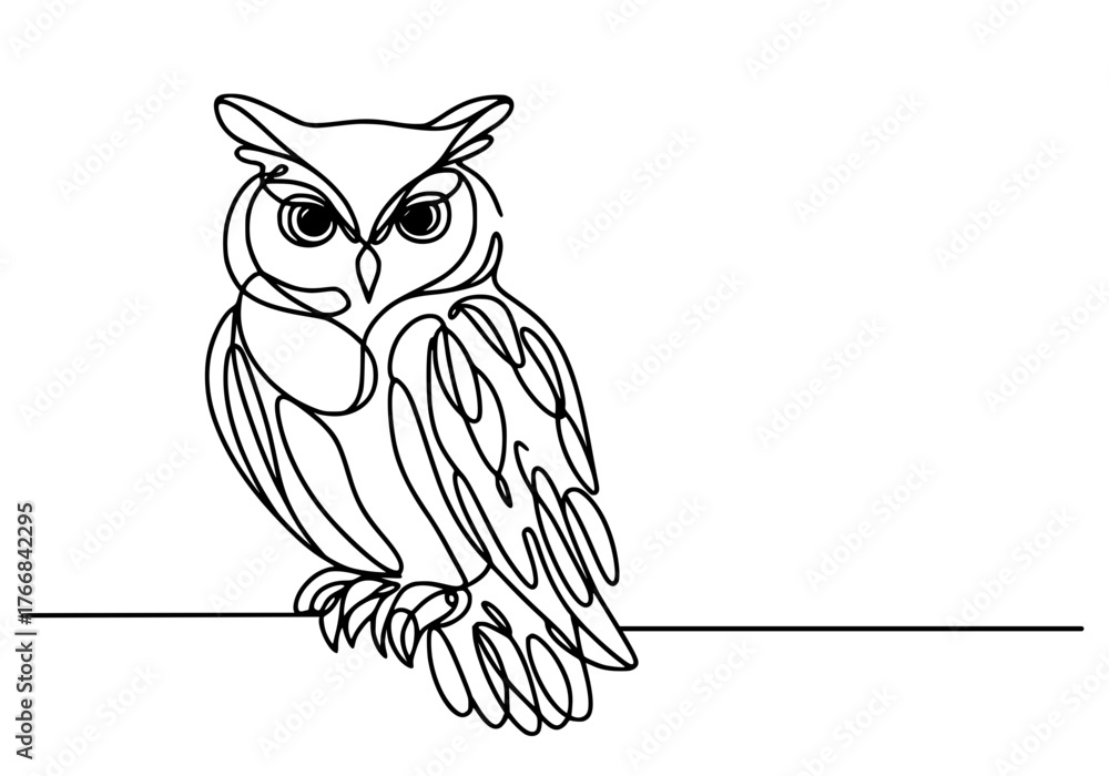 Fototapeta premium Wisdom in a Single Line, A continuous line drawing of an owl perched with expressive eyes and feather details.