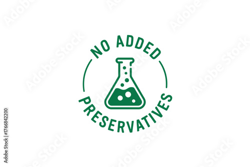 Green circular stamp with text no added preservatives and laboratory flask icon