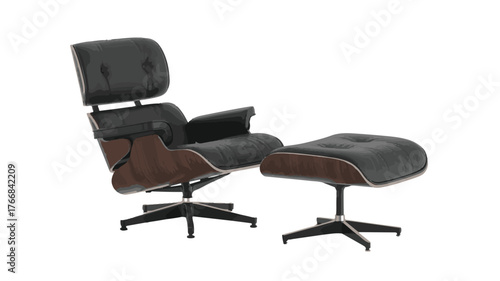 Iconic Black Leather Lounge Chair and Ottoman on White Background furniture armchair
