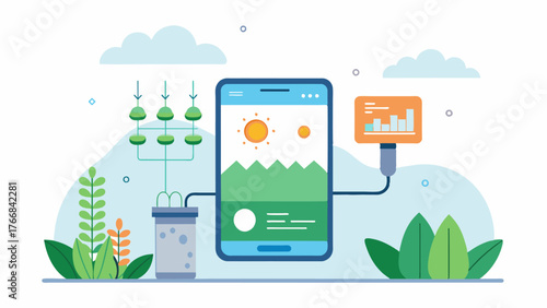 A mobile app that allows farmers to remotely control irrigation systems ensuring plants receive the optimal amount of water.. Vector illustration