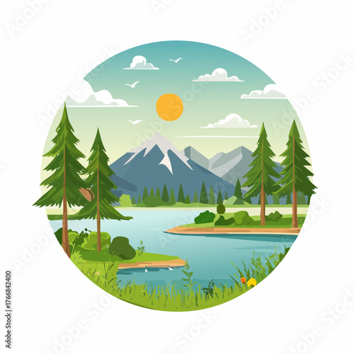 Scenic lakeside mountain landscape illustration with trees and a bright sun