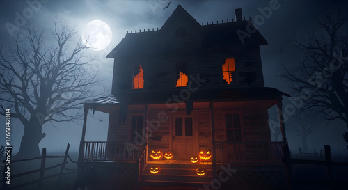 Spooky haunted house glows with jack-o'-lanterns under a full moon, perfect for Halloween celebrations and eerie storytelling.