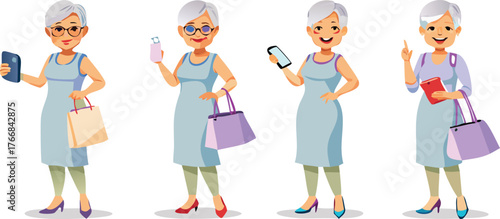 Smiling fashion girls shopping with bags, a colorful vector cartoon illustration of two happy women and a child