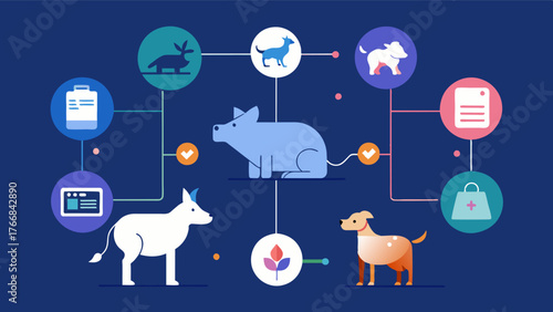 A blockchain platform that tracks the entire lifecycle of an animal from birth to ensuring transparency and traceability for consumers.. Vector illustration