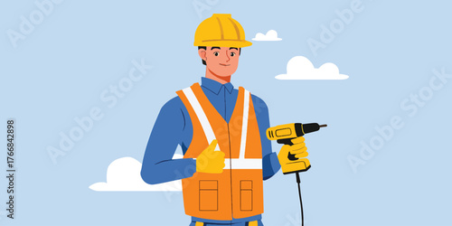 Construction Worker Holding Drill Wearing Hardhat and Safety Vest Illustration