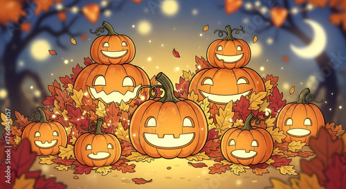 Whimsical Halloween pumpkins with glowing lights nestled amongst vibrant autumn leaves create a festive and magical scene for seasonal celebrations