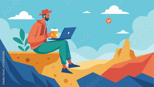 Armed with a laptop and a cup of coffee a digital nomad claims a prime spot on a windswept cliff and conquers their workday.. Vector illustration