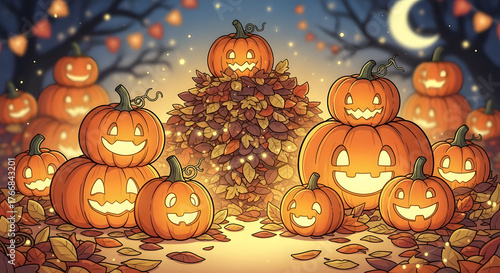 Whimsical Halloween pumpkins glow with cheerful faces amidst autumn leaves and twinkling lights, celebrating spooky season fun