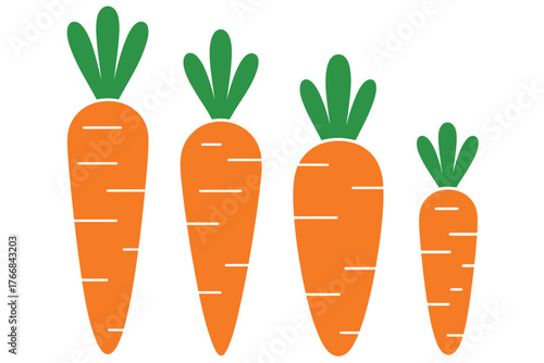 Four stylized orange carrots with green tops arranged in descending size order