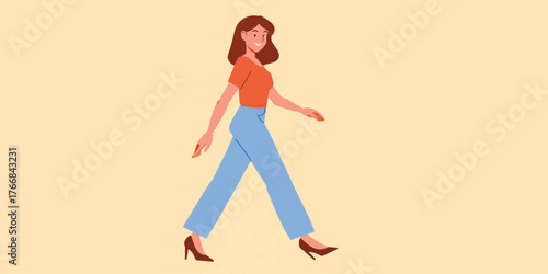 Happy cartoon woman character in casual clothes walking with a smile
