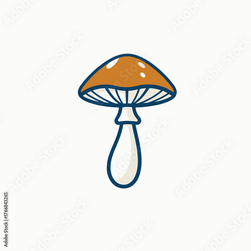 Illustration of a mushroom with a brown cap, white stem, and blue outline on a white background.