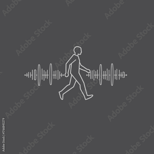 A minimalist outline depicts a person walking through sound wave patterns.