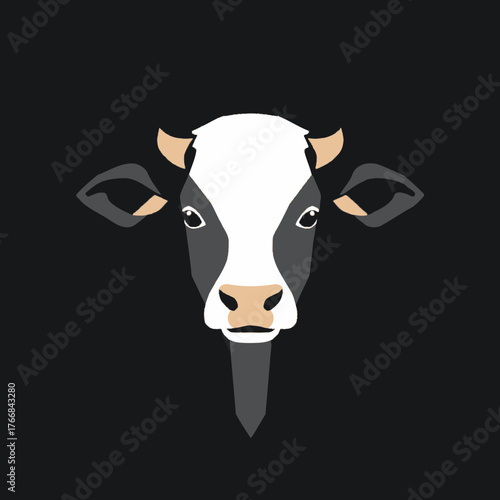A stylized illustration of a cow's head, facing forward, against a black background.