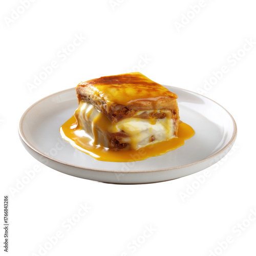 Francesinha Sandwich with Custard Dessert on Plate