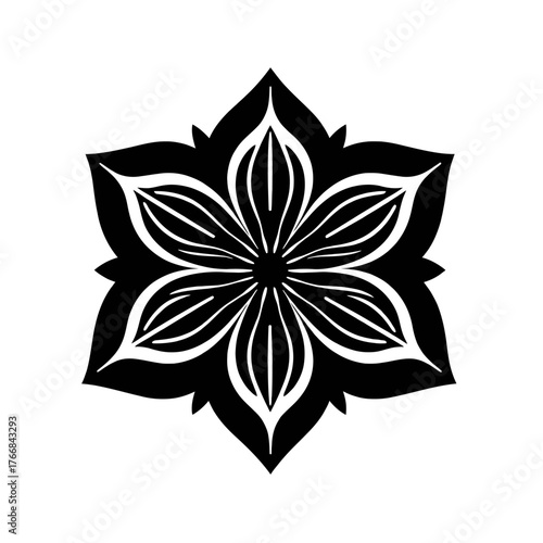 A stylized black and white floral design with symmetrical petals and center.