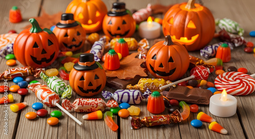 Delightful Halloween candy spread featuring glowing jack-o'-lanterns, colorful sweets, and festive treats on rustic wood perfect for spooky celebrations.