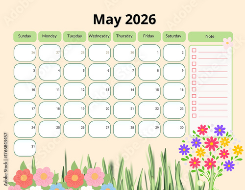 2026 Monthly calendar, Pastel seasonal 