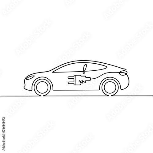 Continuous line drawing of an electric car with a power plug symbol inside